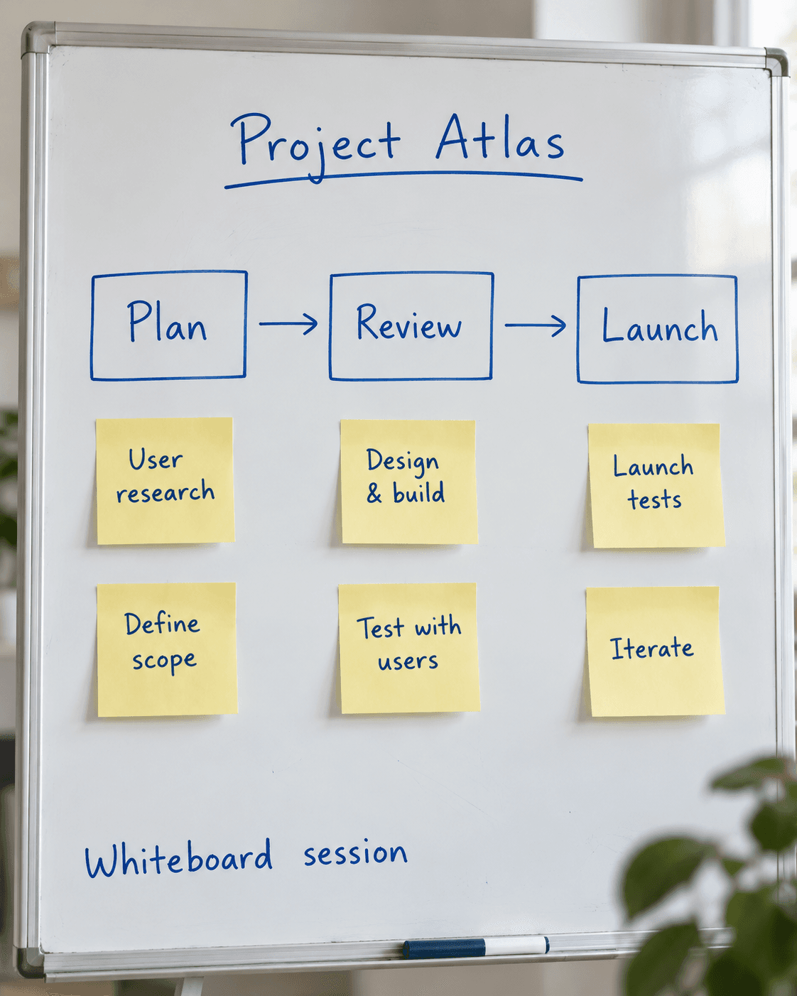 Project Atlas whiteboard connecting Plan, Review and Launch, with notes about research, scope, testing and next steps.