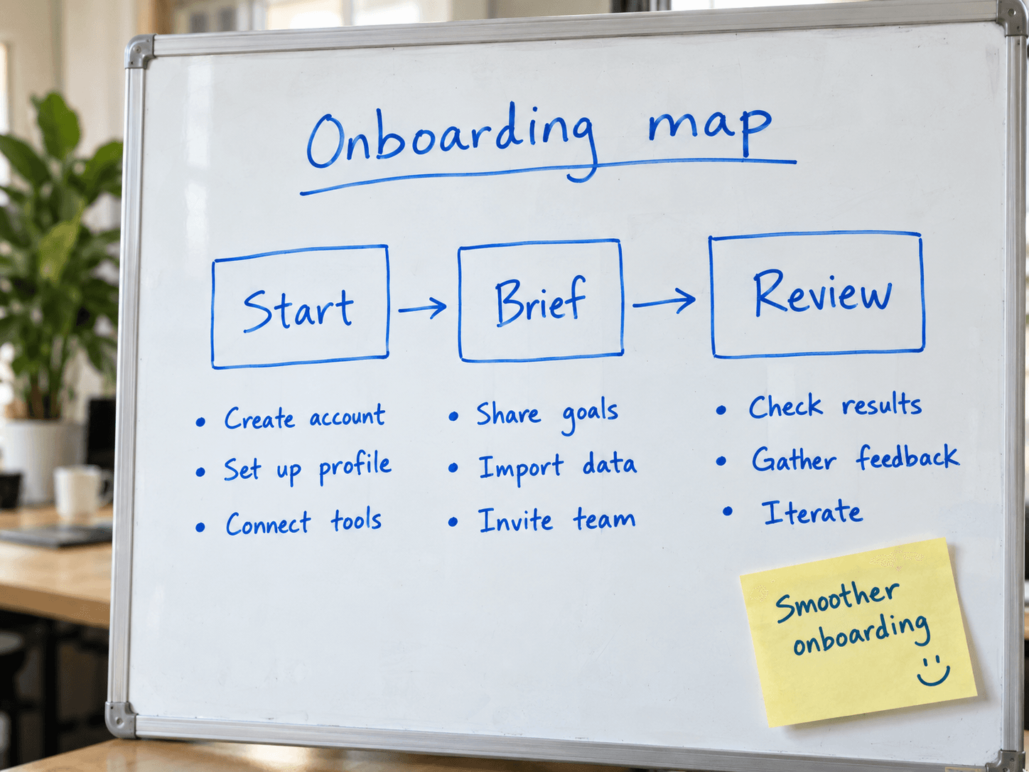 Onboarding whiteboard mapping Start, Brief and Review.